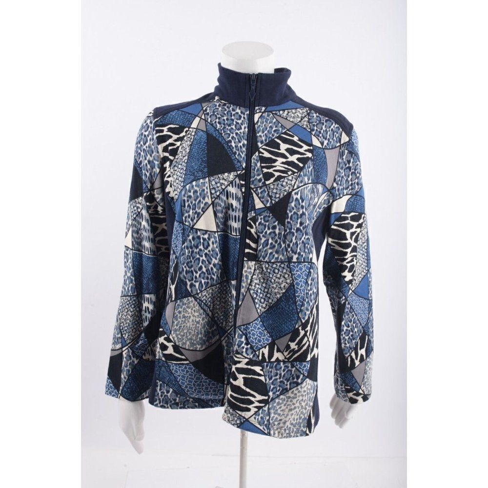 Susan Graver Womens Full Zip Sweatshirt Jacket Top M Blue Black Animal Print